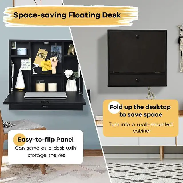 Alt view image 5 of 7 - IFANNY Wall Mounted Desk, Wall Computer Desk w/Storage Drawer & Shelves, Compact Floating Desk for Wall, Space Saving Wall Desk Fold Down, Wall Desks for Small Spaces (Black)