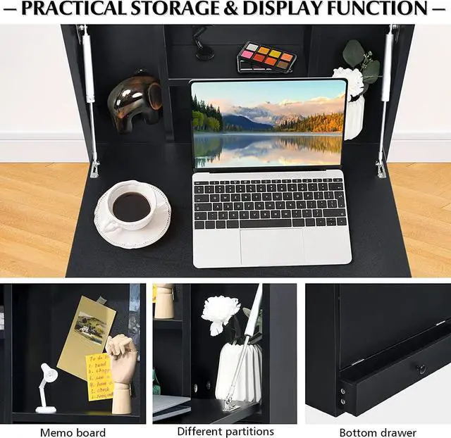 Alt view image 4 of 7 - COSTWAY Wall-Mounted Computer Desk, Floating Desk with Storage Drawer & Shelves, Fold-up Desktop & Pneumatic Springs, Ideal for Home, Office, Dormitory, Small Spaces (Black)