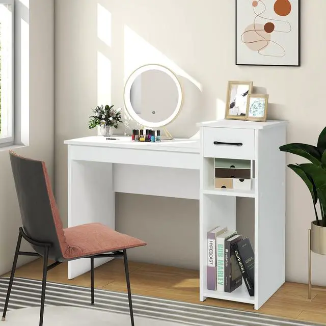 Alt view image 4 of 7 - Tangkula White Desk with Storage Drawer & Shelves, Compact Desk for Small Space, Modern Wooden Study Desk Writing Desk with Storage Drawer & Compartments, PC Laptop Desk Small Desk for Bedroom