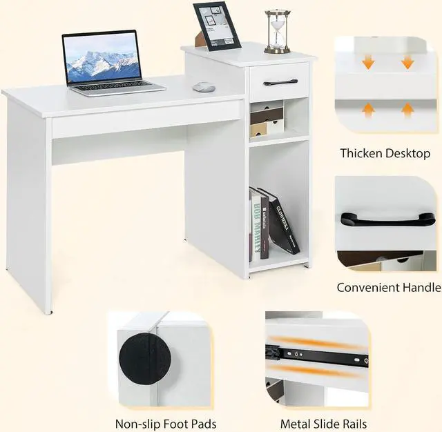Alt view image 5 of 7 - Tangkula White Desk with Storage Drawer & Shelves, Compact Desk for Small Space, Modern Wooden Study Desk Writing Desk with Storage Drawer & Compartments, PC Laptop Desk Small Desk for Bedroom