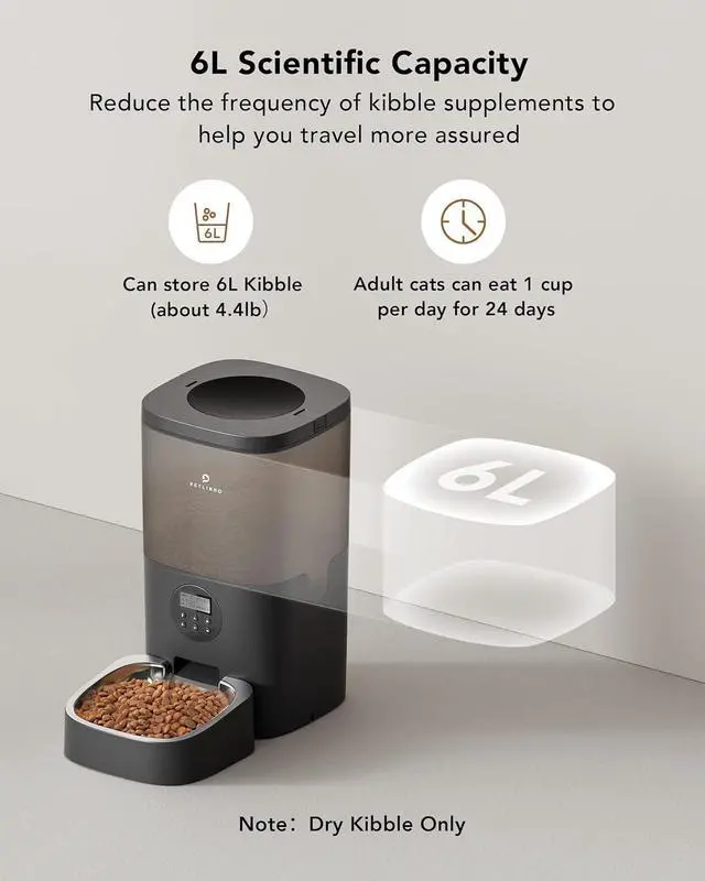 Alt view image 3 of 7 - Automatic Dog Feeder, 6L Dog Food Dispenser with Timer Interactive Voice Recorder, Auto Dog Feeder with Desiccant Bag 1-4 Meals Dry Food, Black Transparent