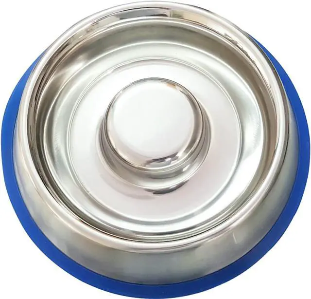 Alt view image 5 of 6 - Mr. Peanut's Stainless Steel Interactive Slow Feed Dog Bowl with a Blue Silicone Base, Fun Healthy Bloat Stop Feeder (Medium)