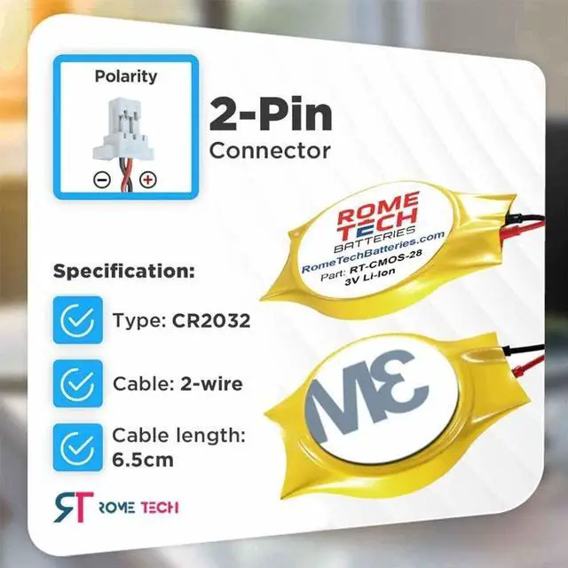 Alt view image 2 of 5 - Rome Tech CR2032 CMOS Battery for HP ProBook 645 G2 / Dell Vostro 5320 / HP Elitebook 8460P- Laptop Backup BIOS RTC 3V CR 2032 Battery with 2 Wire Medium Cable Long Connector (2-Pack)
