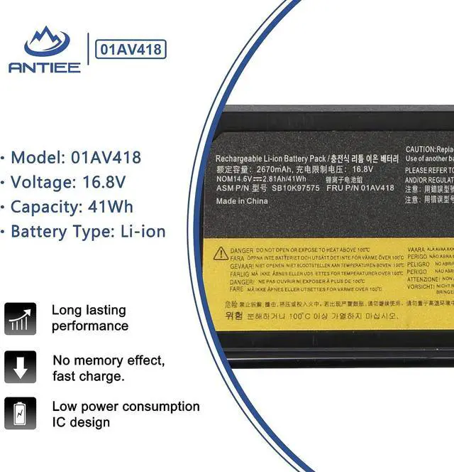 Alt view image 2 of 6 - ANTIEE 01AV418 Laptop Battery Replacement for Lenovo ThinkPad E570 E570C E575 Series 01AV417 SB10K97574 01AV414 SB10K97571 SB10K97575 01AV415 01AV416 SB10K97572 4X50M33574 14.6V 41Wh 2810mAh