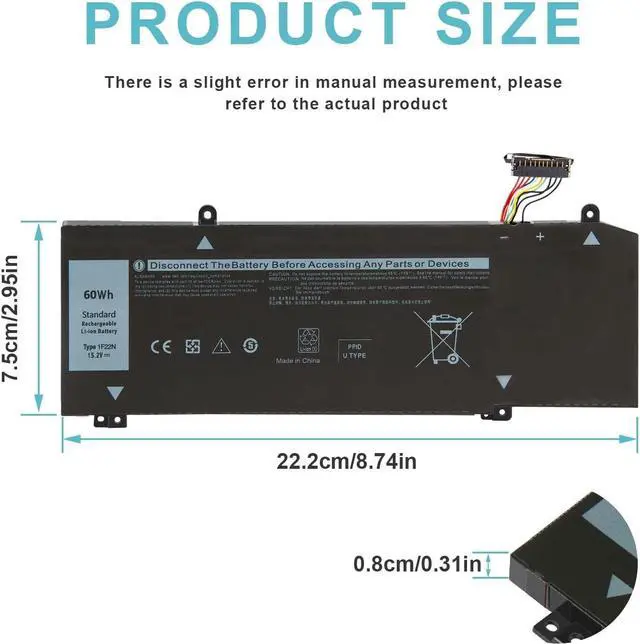Alt view image 3 of 7 - 1F22N 0HYWXJ HYWXJ 0JJPFK JJPFK Laptop Battery Replacement for Dell Alienware M15 R1 P79F, Alienware M17 R1 P37E P79F001 P37E001 Dell G7 7590 G7 7790 G5 5590 5590-D2783W D2743B D2843W Series
