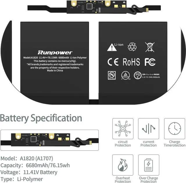 Alt view image 2 of 7 - Runpower A1707 A1820 Battery, Laptop Replacement Battery Compatible with MacBook Pro 15 inch A1707 (Late 2016 Mid 2017), Lithium Polymer EMC 3072 3162