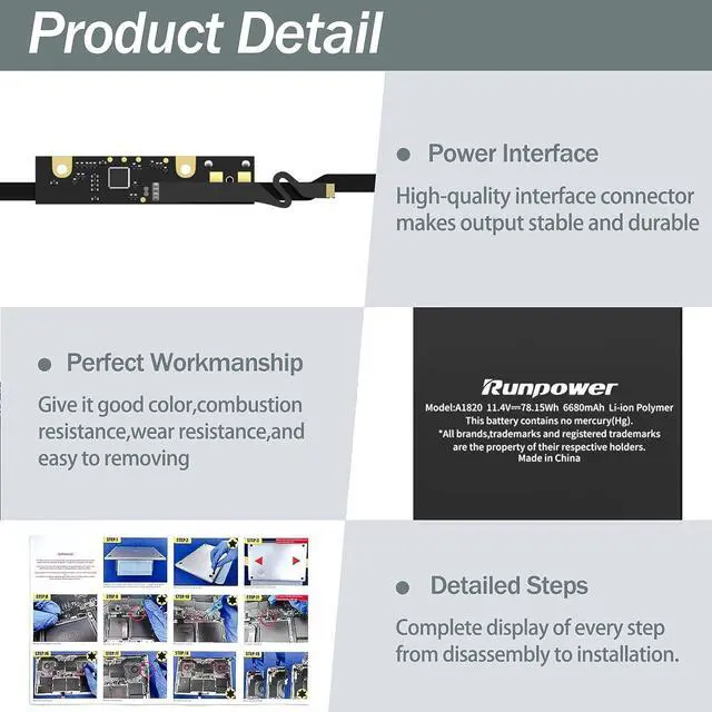 Alt view image 4 of 7 - Runpower A1707 A1820 Battery, Laptop Replacement Battery Compatible with MacBook Pro 15 inch A1707 (Late 2016 Mid 2017), Lithium Polymer EMC 3072 3162