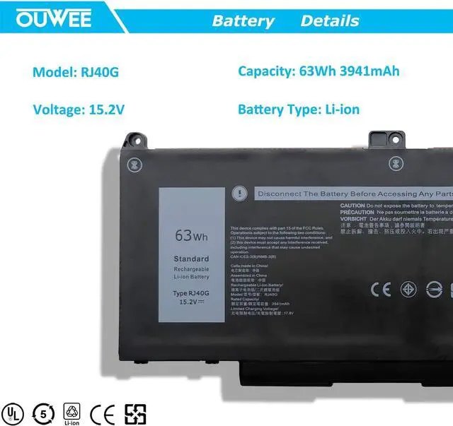 Alt view image 2 of 7 - OUWEE RJ40G Laptop Battery Compatible with Dell Latitude 5420 Latitude 5520 Precision 3560 Series 01K2CF 075X16 WY9DX 0WK3F1 0M3KCN 005R42 15.2V 63Wh