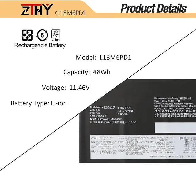 Alt view image 3 of 7 - ZTHY L18M6PD1 Laptop Battery Replacement for Lenovo ThinkPad X395 X390 X13 1st Gen 2020 Series L18M6PD2 L18C6PD1 L18D6PD1 02DL017 02DL018 02DL019 02DL020 5B10W13926 5B10W13923 5B10W13924 11.46V 48Wh
