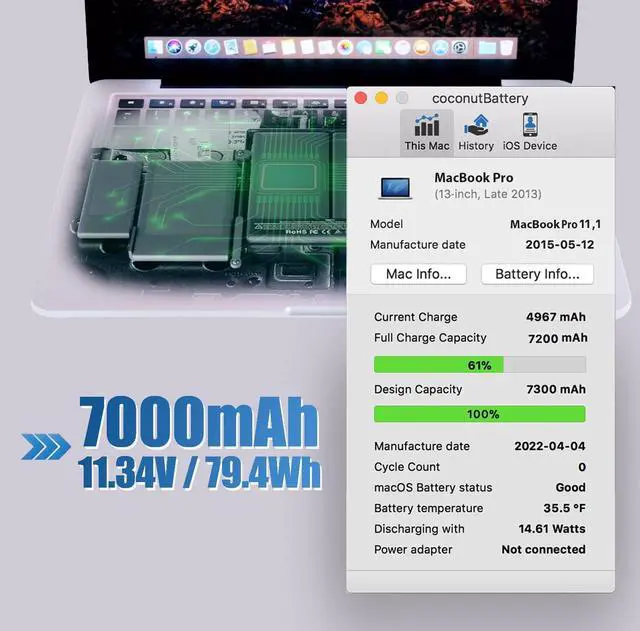 Alt view image 2 of 5 - SNSYIY A1502 MacBook pro Battery Replacement A1493 A1582 Battery for MacBook Pro 13 Inch Retina A1502 (Mid 2014 Early 2015 Late 2013) MacBook Laptop Battery A1493 A1582 [7000mAh 11.34V 79.4Wh]