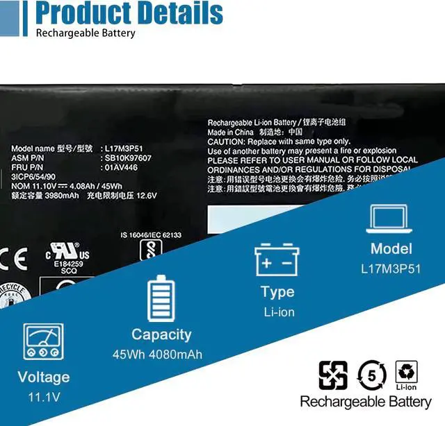 Alt view image 2 of 6 - L17M3P51 01AV446 Laptop Battery 11.1V Replacement for Lenovo ThinkPad E480 E485 E495 E580 E585 Series Notebook SB10K97607 L17C3P51 SB10K97609 01AV448 L17M3P52 01AV447 L17L3P51 01AV445