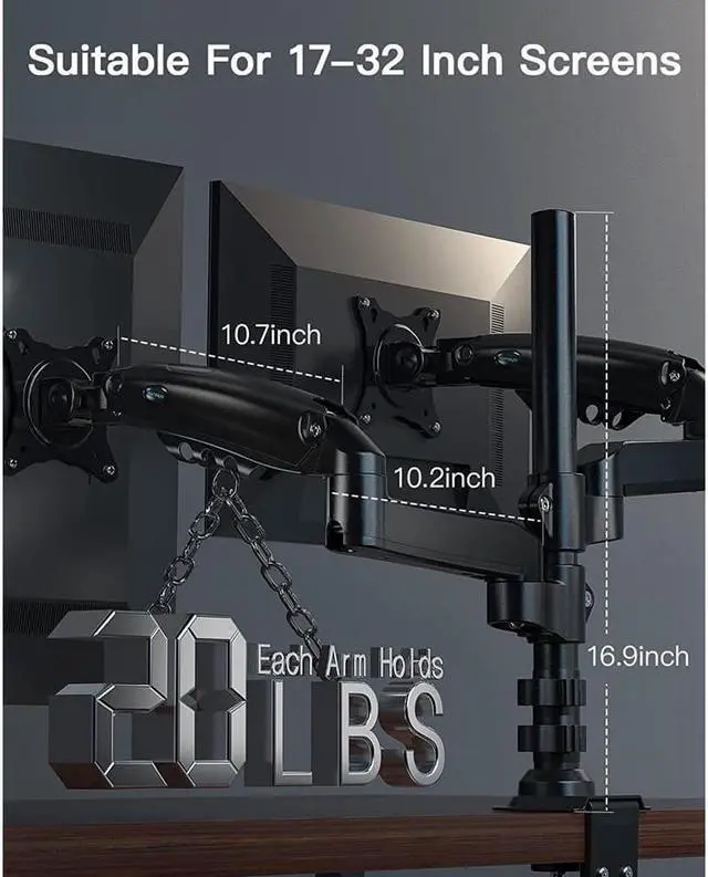 Alt view image 2 of 7 - HUANUO Dual Monitor Stand - Height Adjustable Gas Spring Double Arm Monitor Mount Desk Stand Fits Two 17 to 32 inch Screens with Clamp, Grommet Mounting Base, Each Arm Holds up to 19.8lbs