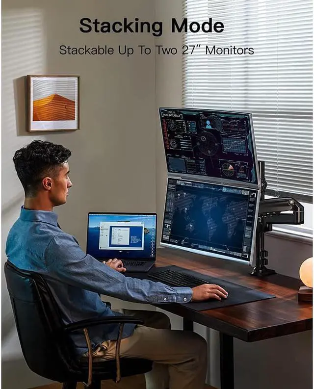 Alt view image 3 of 7 - HUANUO Dual Monitor Stand - Height Adjustable Gas Spring Double Arm Monitor Mount Desk Stand Fits Two 17 to 32 inch Screens with Clamp, Grommet Mounting Base, Each Arm Holds up to 19.8lbs