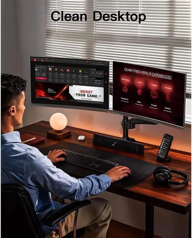 Alt view image 4 of 7 - HUANUO Dual Monitor Stand - Height Adjustable Gas Spring Double Arm Monitor Mount Desk Stand Fits Two 17 to 32 inch Screens with Clamp, Grommet Mounting Base, Each Arm Holds up to 19.8lbs