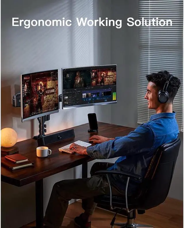 Alt view image 7 of 7 - HUANUO Dual Monitor Stand - Height Adjustable Gas Spring Double Arm Monitor Mount Desk Stand Fits Two 17 to 32 inch Screens with Clamp, Grommet Mounting Base, Each Arm Holds up to 19.8lbs