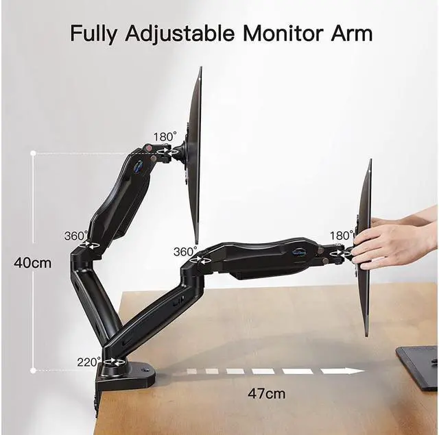 Alt view image 4 of 7 - HUANUO Dual Monitor Stand - Adjustable Spring Monitor Desk Mount Swivel Vesa Bracket with C Clamp, Grommet Mounting Base for 17 to 27 Inch Computer Screens - Each Arm Holds 4.4 to 14.3lbs