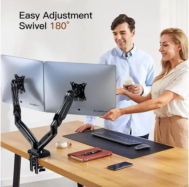Alt view image 5 of 7 - HUANUO Dual Monitor Stand - Adjustable Spring Monitor Desk Mount Swivel Vesa Bracket with C Clamp, Grommet Mounting Base for 17 to 27 Inch Computer Screens - Each Arm Holds 4.4 to 14.3lbs