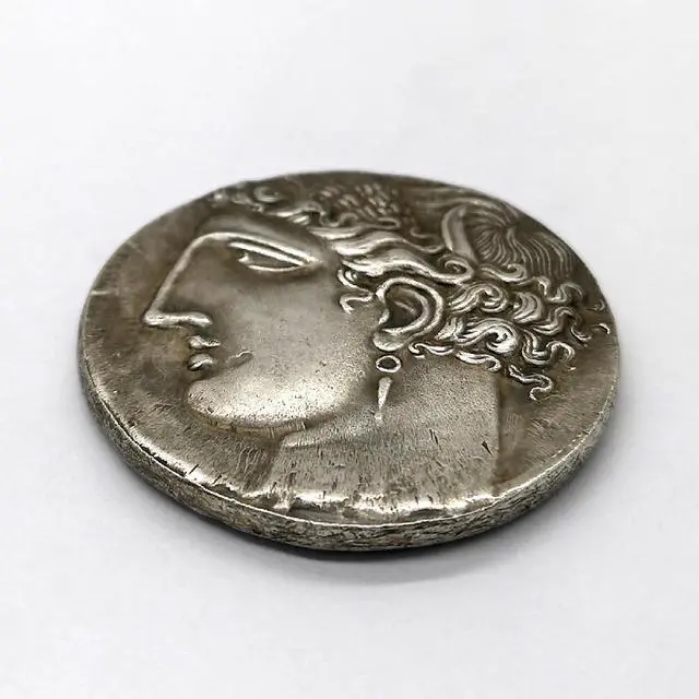 Alt view image 3 of 7 - Ancient Greek Pegasus Coin of Corinth - 38mm Brass Replica with Athena & Winged Horse Design | Collectible for Mythology Enthusiasts (Silver)