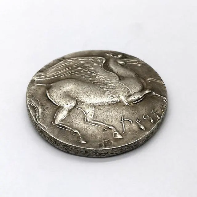 Alt view image 4 of 7 - Ancient Greek Pegasus Coin of Corinth - 38mm Brass Replica with Athena & Winged Horse Design | Collectible for Mythology Enthusiasts (Silver)