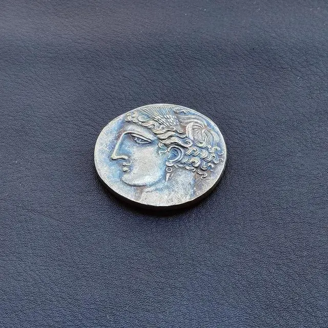 Alt view image 7 of 7 - Ancient Greek Pegasus Coin of Corinth - 38mm Brass Replica with Athena & Winged Horse Design | Collectible for Mythology Enthusiasts (Silver)