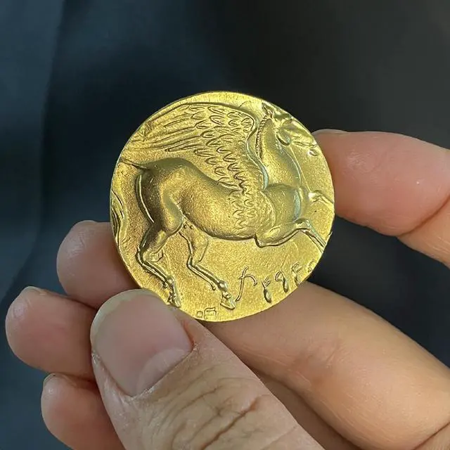 Alt view image 2 of 6 - Ancient Greek Pegasus Coin of Corinth - 38mm Brass Replica with Athena & Winged Horse Design | Collectible for Mythology Enthusiasts (Gold)