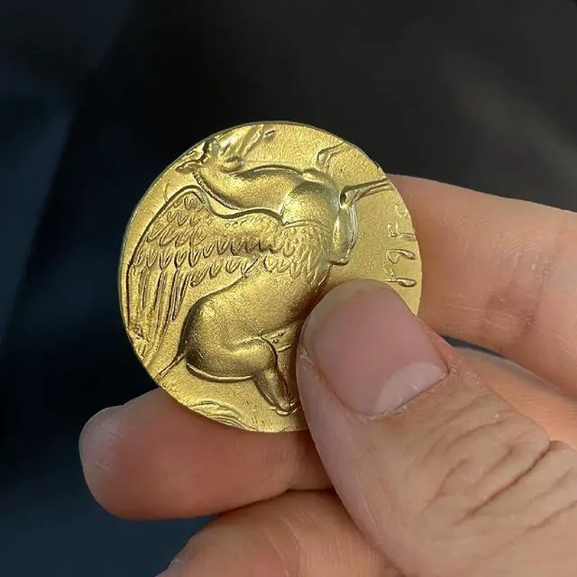 Alt view image 3 of 6 - Ancient Greek Pegasus Coin of Corinth - 38mm Brass Replica with Athena & Winged Horse Design | Collectible for Mythology Enthusiasts (Gold)