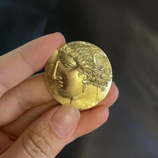 Alt view image 4 of 6 - Ancient Greek Pegasus Coin of Corinth - 38mm Brass Replica with Athena & Winged Horse Design | Collectible for Mythology Enthusiasts (Gold)