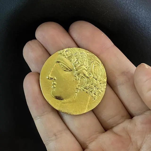 Alt view image 6 of 6 - Ancient Greek Pegasus Coin of Corinth - 38mm Brass Replica with Athena & Winged Horse Design | Collectible for Mythology Enthusiasts (Gold)