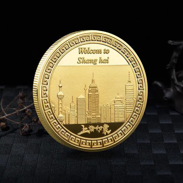 Alt view image 2 of 3 - Shanghai Bund Commemorative Coin - Oriental Pearl Tower & City Skyline Collectible | UV Color Metal Coin for Travel Souvenir & Chinese Cultural Gift (40mm ) (Gold)