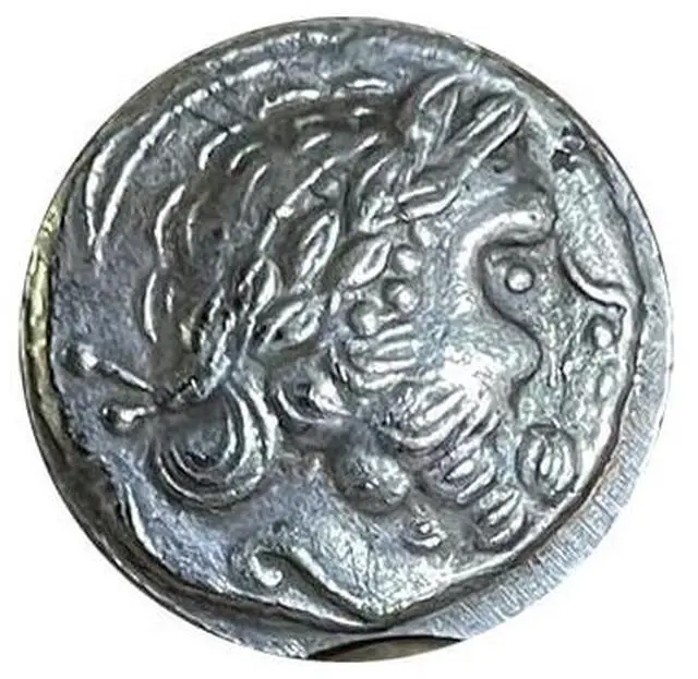 Alt view image 3 of 5 - Small Ancient Greek Coin Head of Zeus - Silver Plated Tetradrachm Coin Macedonian King Philip II Celtic Sagittarius Patron Saint Homer 16mm