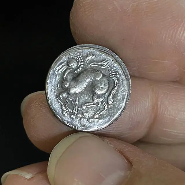 Alt view image 2 of 5 - Small Ancient Greek Coin Head of Zeus - Silver Plated Tetradrachm Coin Macedonian King Philip II Celtic Sagittarius Patron Saint Homer 16mm