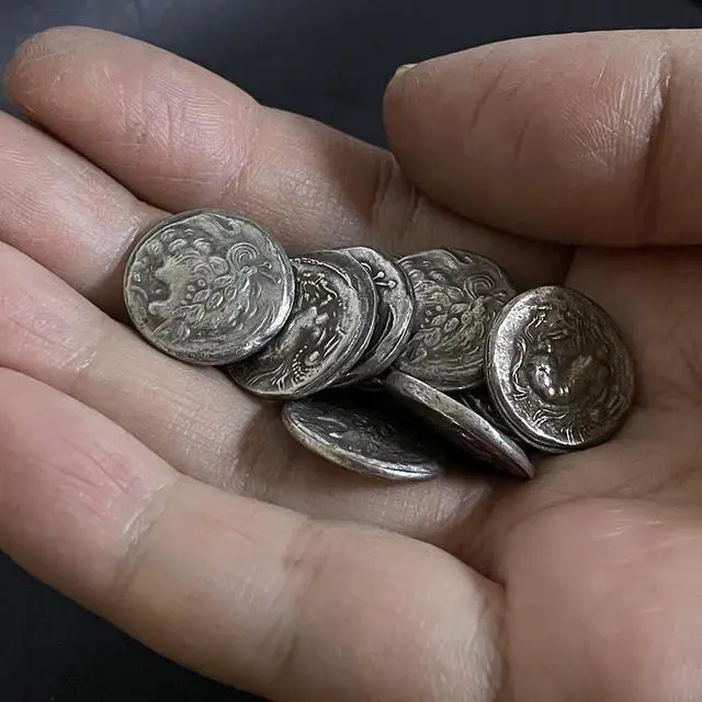 Alt view image 4 of 5 - Small Ancient Greek Coin Head of Zeus - Silver Plated Tetradrachm Coin Macedonian King Philip II Celtic Sagittarius Patron Saint Homer 16mm