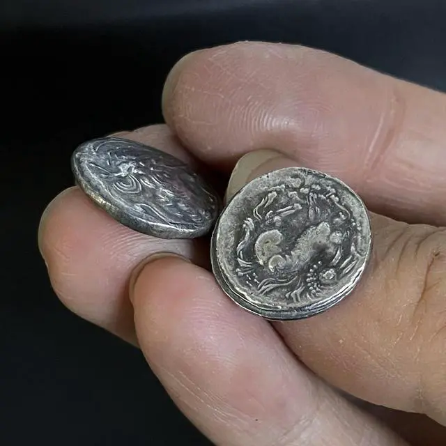 Alt view image 5 of 5 - Small Ancient Greek Coin Head of Zeus - Silver Plated Tetradrachm Coin Macedonian King Philip II Celtic Sagittarius Patron Saint Homer 16mm