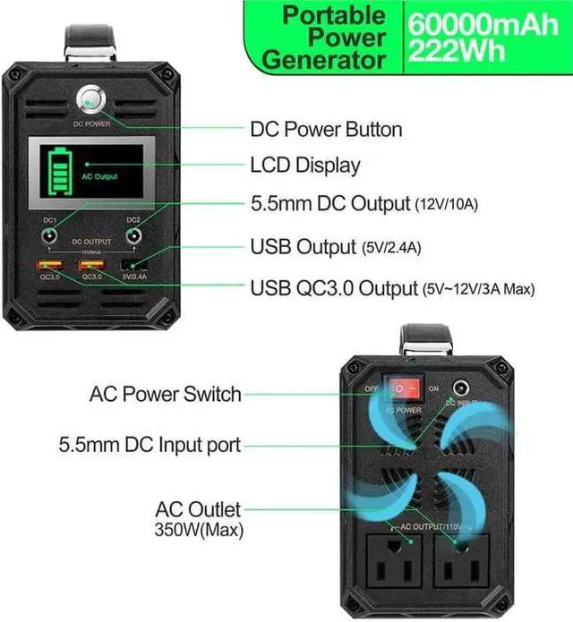 Alt view image 6 of 7 - 60000mAh 300W Solar Generator-US Socket (110V)