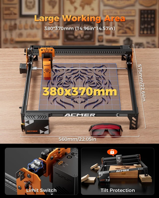 Alt view image 7 of 7 - ACMER P1 S Pro 10W Laser Engraver, 380 x 370mm Diode Laser Cutter, 10,000 mm/min, LightBurn Compatible