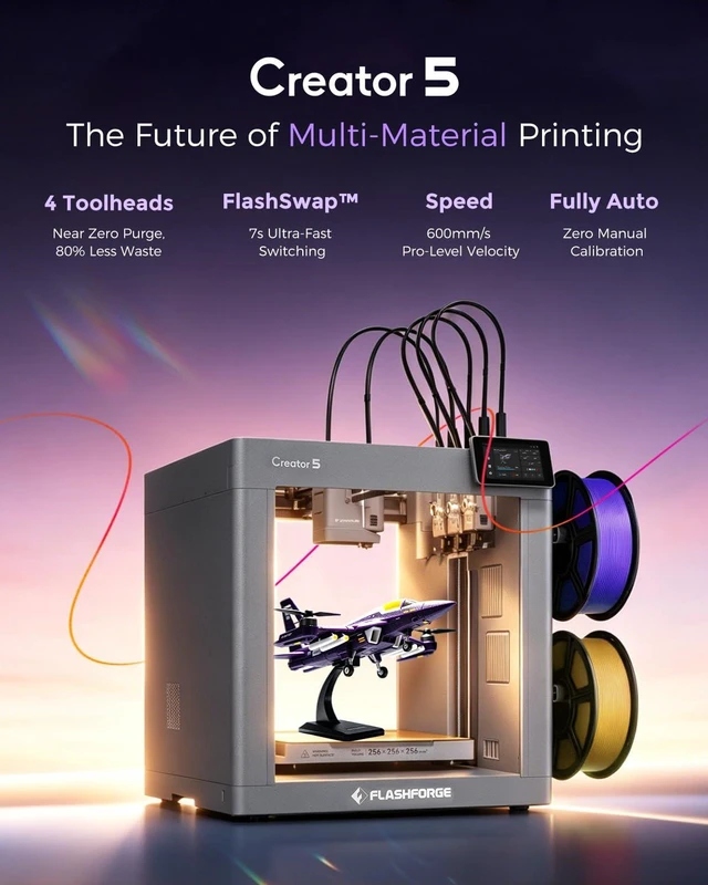 Alt view image 2 of 7 - FLASHFORGE Creator 5 4-Toolhead Multi-Color 3D Printer, 256 x 256 x 256mm, 600 mm/s, Auto Leveling