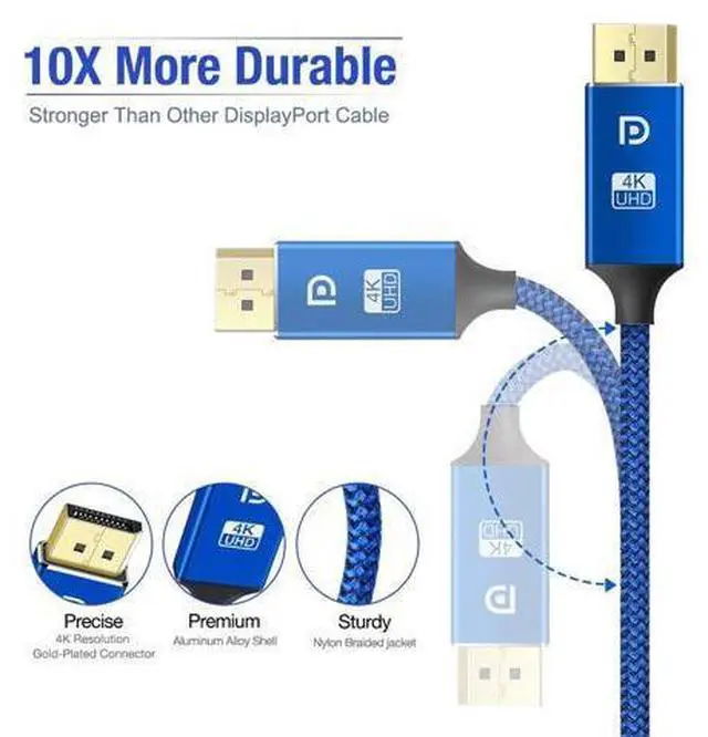 Alt view image 3 of 7 - DisplayPort Cable 4K DP Cable Nylon Braided -(4K@60Hz 2K@144Hz) Display Port Cable Ultra High Speed DisplayPort to DisplayPort Cable 6.6ft for Laptop PC TV etc- Gaming Monitor Cable(Blue)