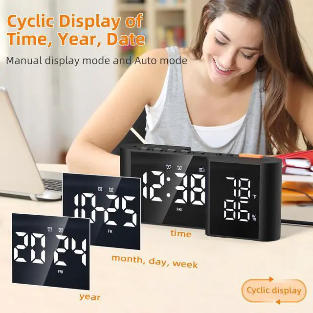 Alt view image 6 of 7 - GIOFIMOK S-shaped Digital Alarm Clock, Dual Mirrored Display with Temperature & Humidity, FM Radio, USB port, Easy Setting, Auto Dim, 12/24H, Fashional Clock for Bedroom, Living Room, Office and More.