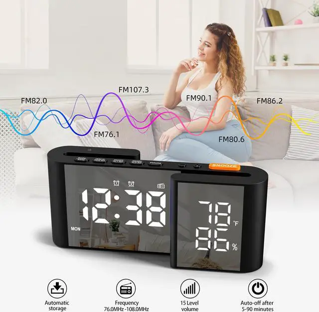 Alt view image 4 of 7 - GIOFIMOK S-shaped Digital Alarm Clock, Dual Mirrored Display with Temperature & Humidity, FM Radio, USB port, Easy Setting, Auto Dim, 12/24H, Fashional Clock for Bedroom, Living Room, Office and More.