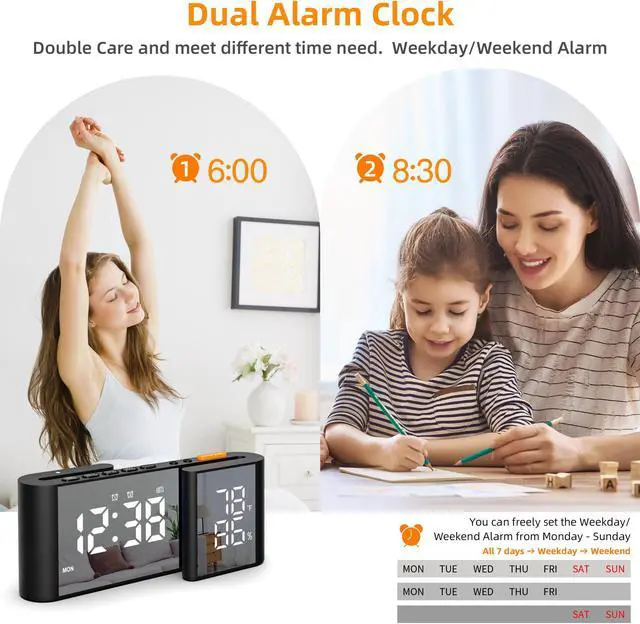 Alt view image 5 of 7 - GIOFIMOK S-shaped Digital Alarm Clock, Dual Mirrored Display with Temperature & Humidity, FM Radio, USB port, Easy Setting, Auto Dim, 12/24H, Fashional Clock for Bedroom, Living Room, Office and More.