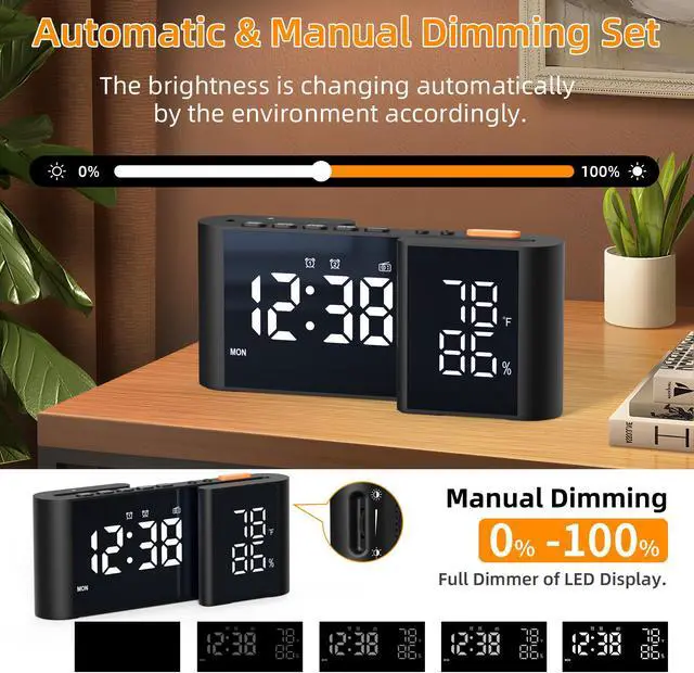 Alt view image 3 of 7 - GIOFIMOK S-shaped Digital Alarm Clock, Dual Mirrored Display with Temperature & Humidity, FM Radio, USB port, Easy Setting, Auto Dim, 12/24H, Fashional Clock for Bedroom, Living Room, Office and More.