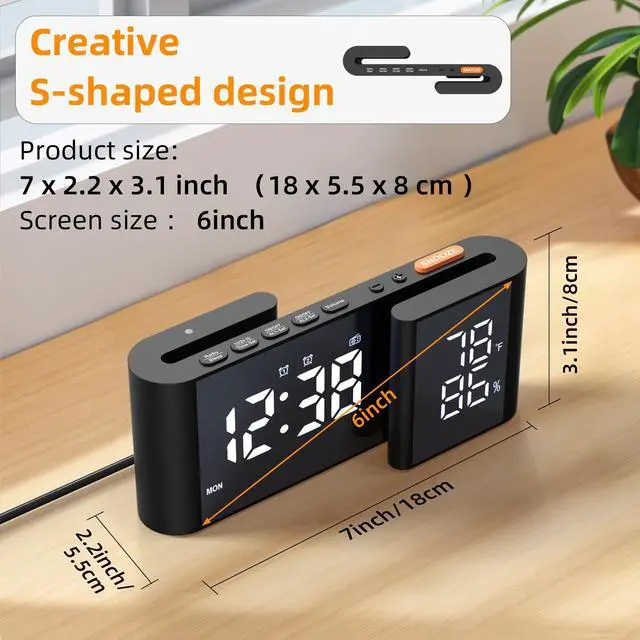 Alt view image 2 of 7 - GIOFIMOK S-shaped Digital Alarm Clock, Dual Mirrored Display with Temperature & Humidity, FM Radio, USB port, Easy Setting, Auto Dim, 12/24H, Fashional Clock for Bedroom, Living Room, Office and More.