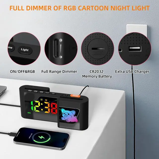 Alt view image 3 of 7 - GIOFIMOK S-shaped Digital Alarm Clock, Dual Mirrored Display with Time and Cartoon  Little Dog, USB port, Easy Setting, Auto Dim, 12/24H, Fashional Clock for Bedroom, Living Room and More.