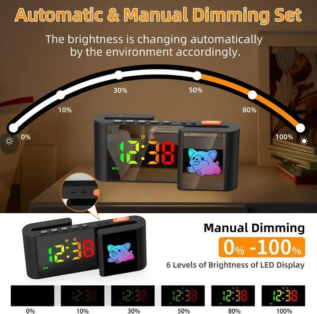 Alt view image 5 of 7 - GIOFIMOK S-shaped Digital Alarm Clock, Dual Mirrored Display with Time and Cartoon  Little Dog, USB port, Easy Setting, Auto Dim, 12/24H, Fashional Clock for Bedroom, Living Room and More.