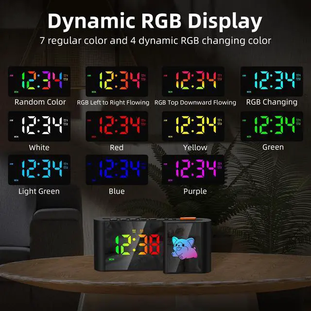 Alt view image 6 of 7 - GIOFIMOK S-shaped Digital Alarm Clock, Dual Mirrored Display with Time and Cartoon  Little Dog, USB port, Easy Setting, Auto Dim, 12/24H, Fashional Clock for Bedroom, Living Room and More.