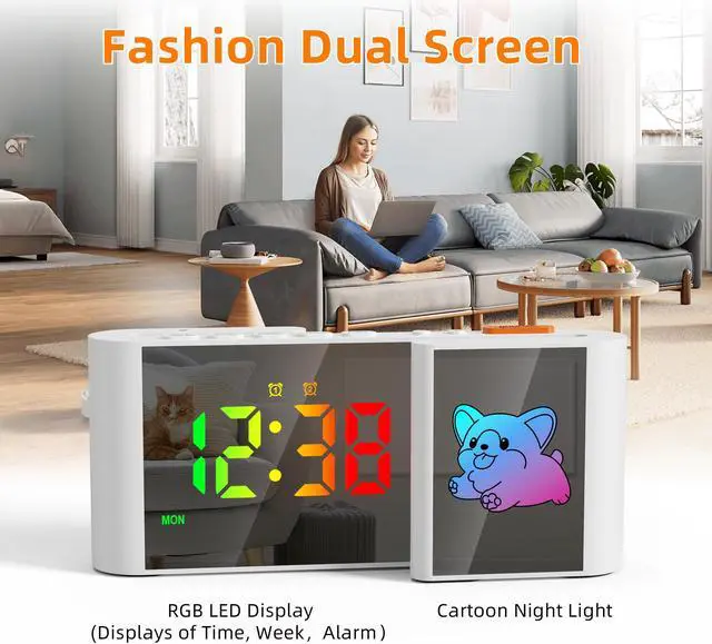 Alt view image 4 of 7 - GIOFIMOK S-shaped Digital Alarm Clock, Dual Mirrored Display with Time and Cartoon  Little Dog, USB port, Easy Setting, Auto Dim, 12/24H, Fashional Clock for Bedroom, Living Room, Office and More.