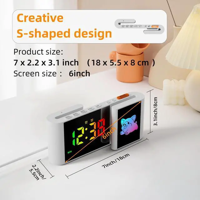 Alt view image 2 of 7 - GIOFIMOK S-shaped Digital Alarm Clock, Dual Mirrored Display with Time and Cartoon  Little Dog, USB port, Easy Setting, Auto Dim, 12/24H, Fashional Clock for Bedroom, Living Room, Office and More.