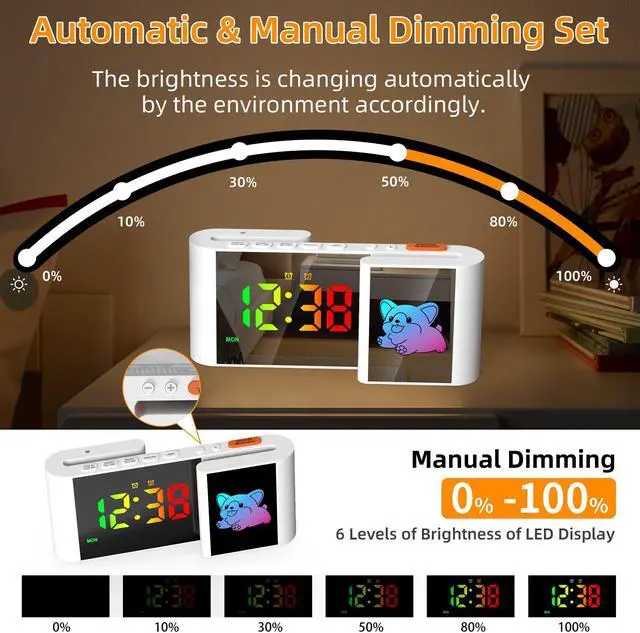 Alt view image 3 of 7 - GIOFIMOK S-shaped Digital Alarm Clock, Dual Mirrored Display with Time and Cartoon  Little Dog, USB port, Easy Setting, Auto Dim, 12/24H, Fashional Clock for Bedroom, Living Room, Office and More.