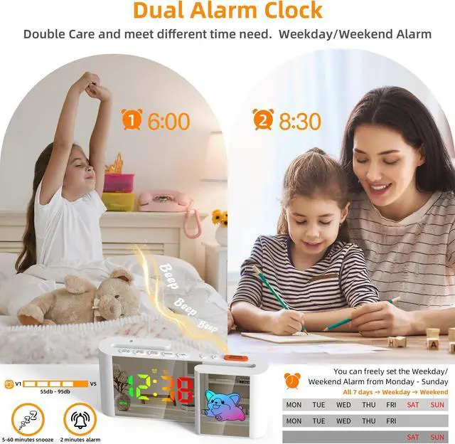 Alt view image 5 of 7 - GIOFIMOK S-shaped Digital Alarm Clock, Dual Mirrored Display with Time and Cartoon  Little Dog, USB port, Easy Setting, Auto Dim, 12/24H, Fashional Clock for Bedroom, Living Room, Office and More.