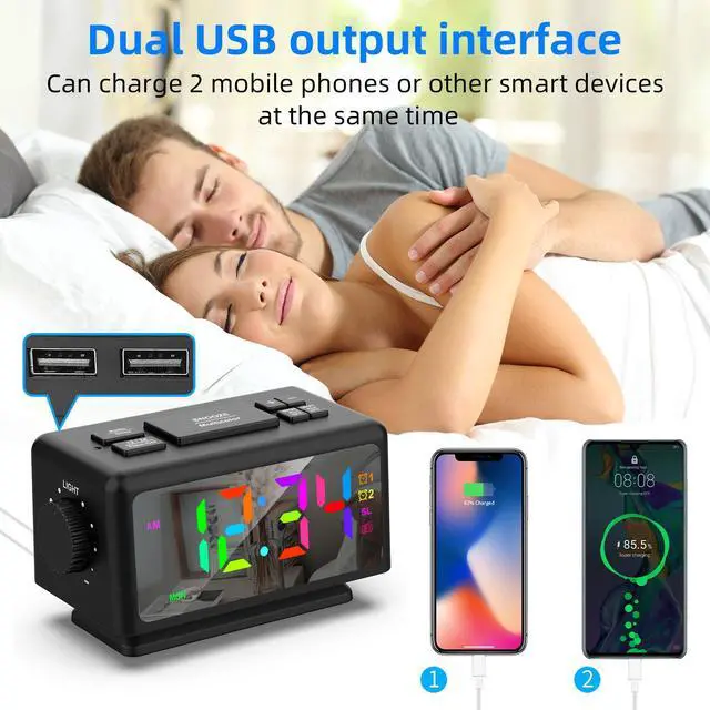 Alt view image 3 of 7 - Giofimok Digital Alarm Clock with Dua knobs like as Smart Ears, Easy to Use,11 Dynamic RGB Display and 7 colors, FM Radio, 2 USB Ports,, 0-100% Dimmer, Dual Alarm Clock with Snooze, Loud Alarm (Black)